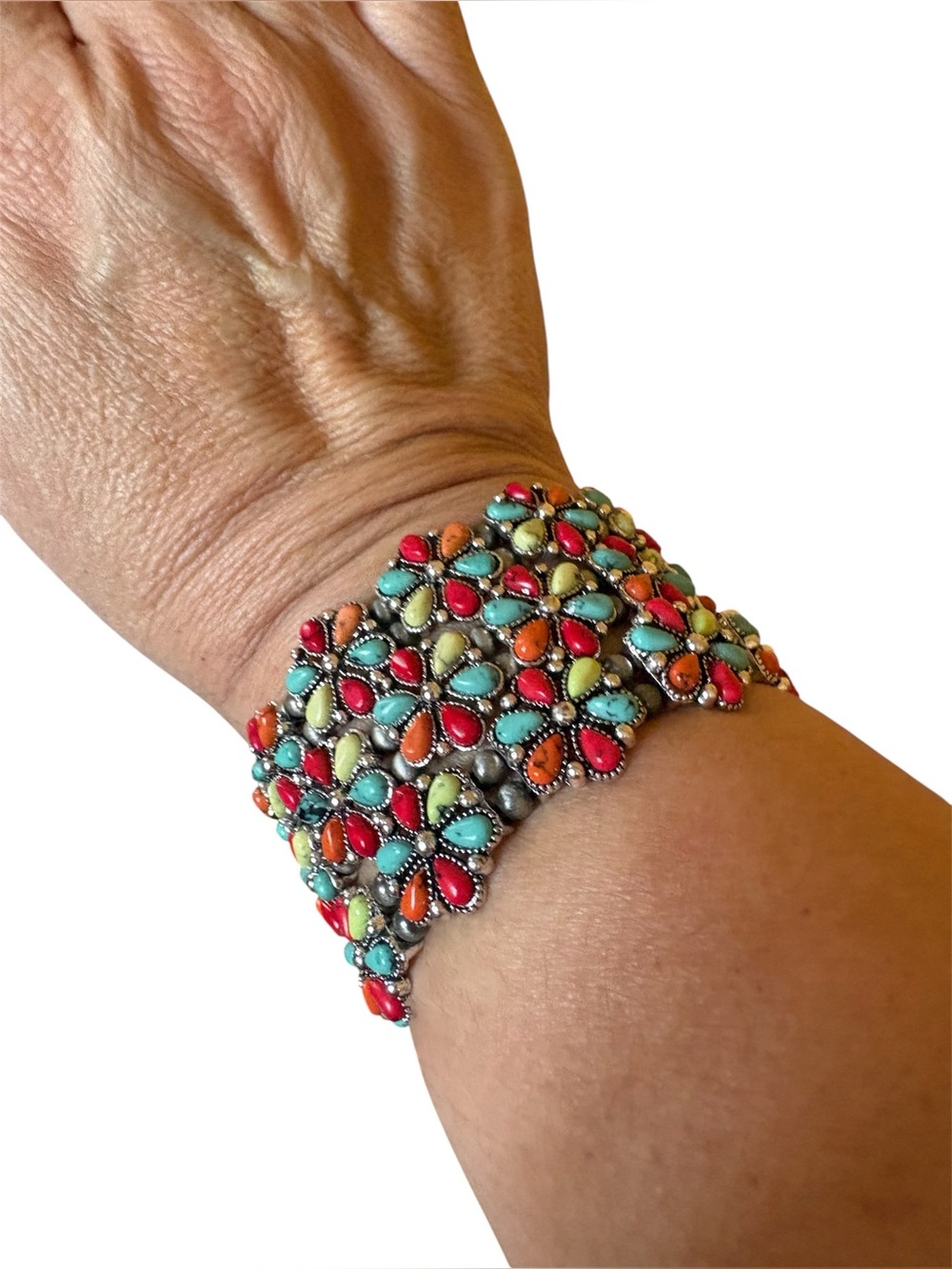 New! Multicolor Faux Turquoise Flower Link Stretch Bracelet Set of 3